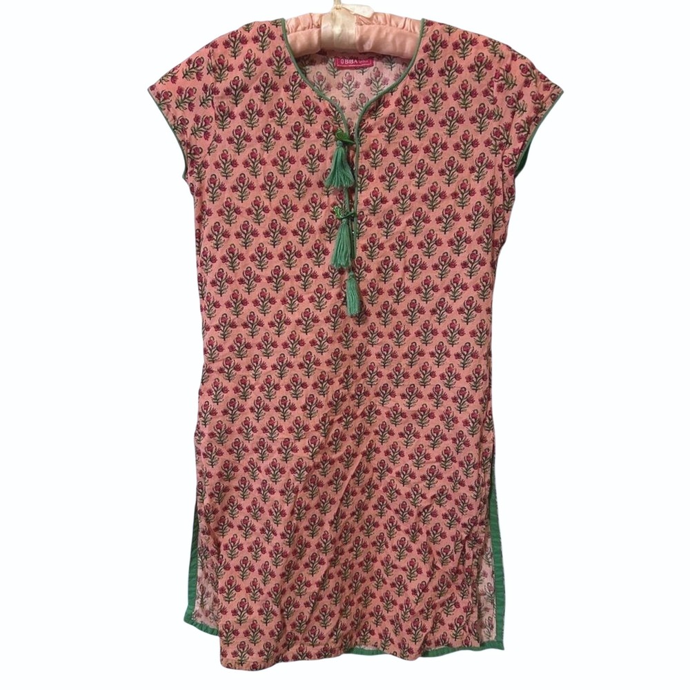 Biba Girls Floral Tunic Dress Size 10 Pink Bird Tassel Boho Folk Cottagecore